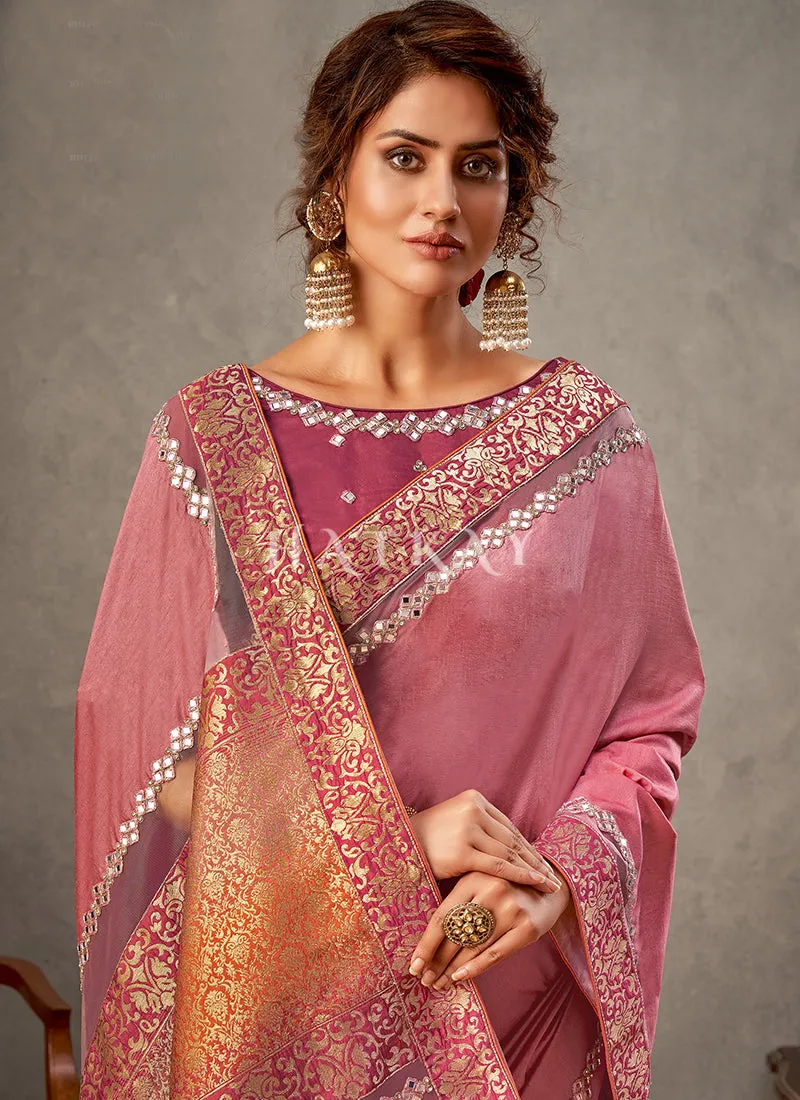 Rose Pink Mirror Work Embroidery Satin Silk Saree
