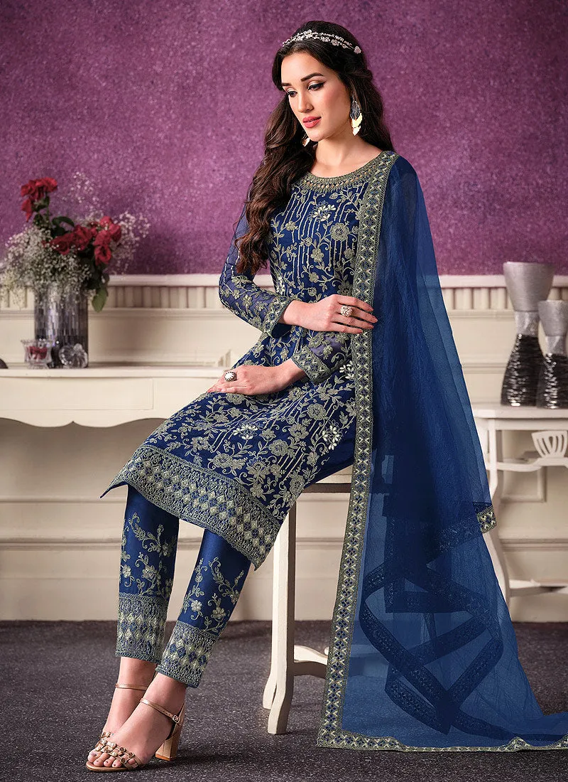 Royal Blue Designer Embroidered Pant Style Suit