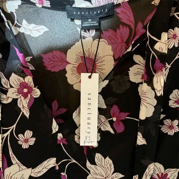 Sanctuary Women's XS Black Pink Floral Balloon Sleeve Tie Neck Dress Knee Length