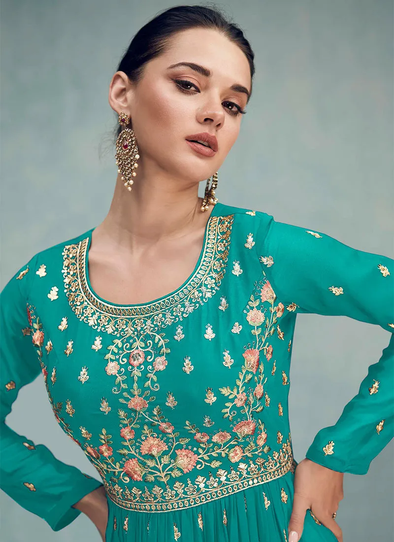 Sea Green Sequence Embroidered Wedding Palazzo Suit