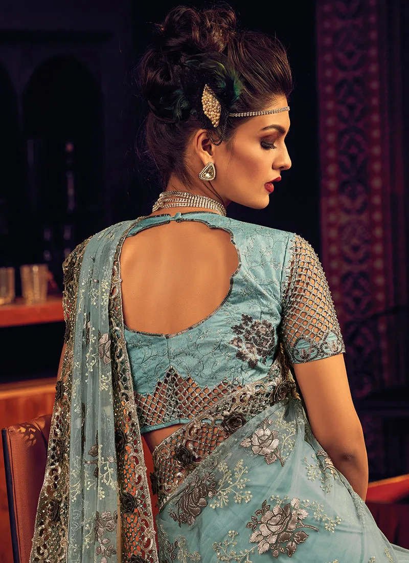 Sea Green Sequence Embroidery Partywear Saree