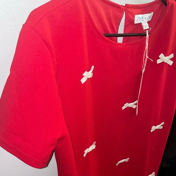 She Sky Dress Women Large Bow Embellished Shift Faux Leather Red New Years Girly