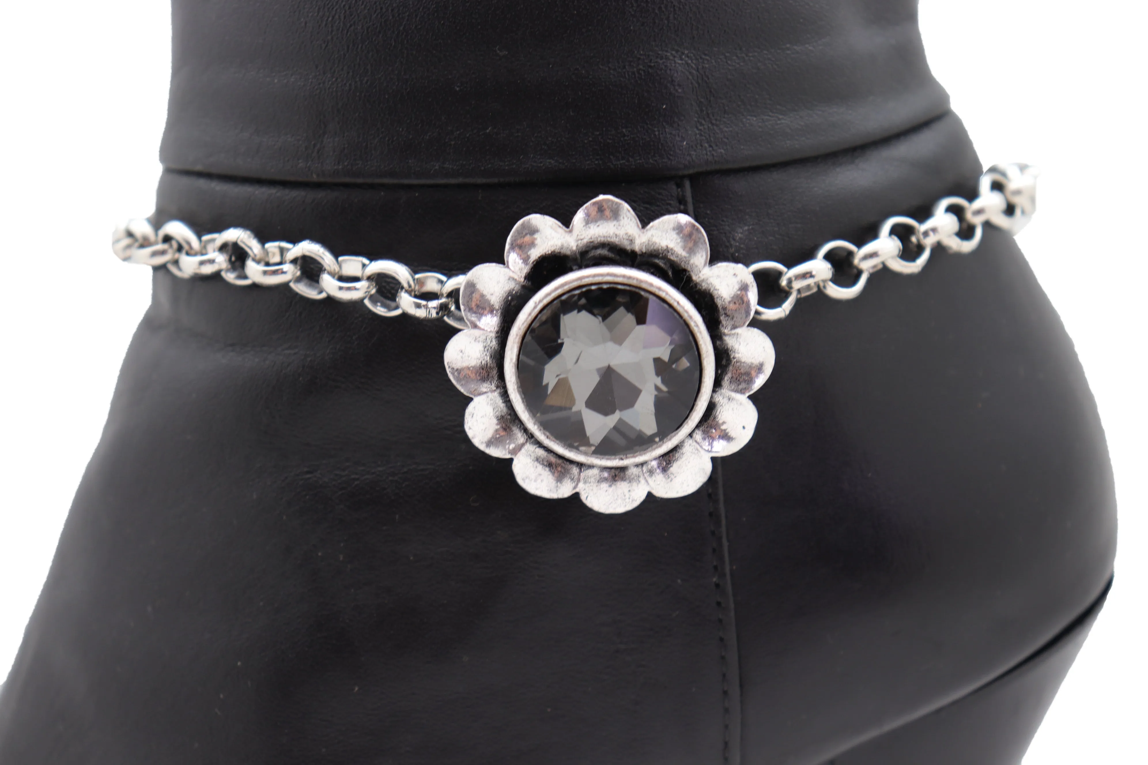 Silver Metal Chain Western Boot Bracelet Shoe Anklet Bling Flower Charm