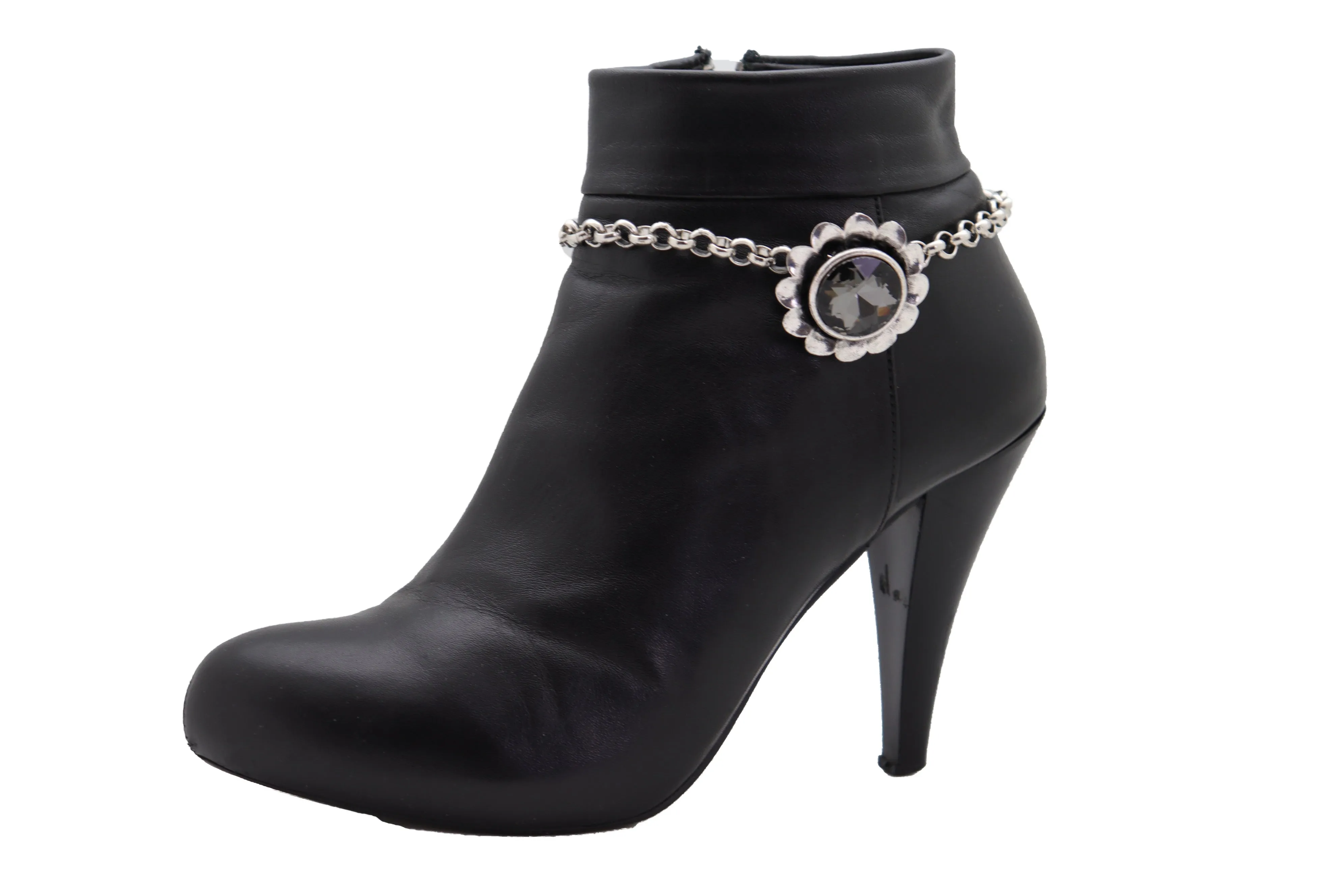 Silver Metal Chain Western Boot Bracelet Shoe Anklet Bling Flower Charm