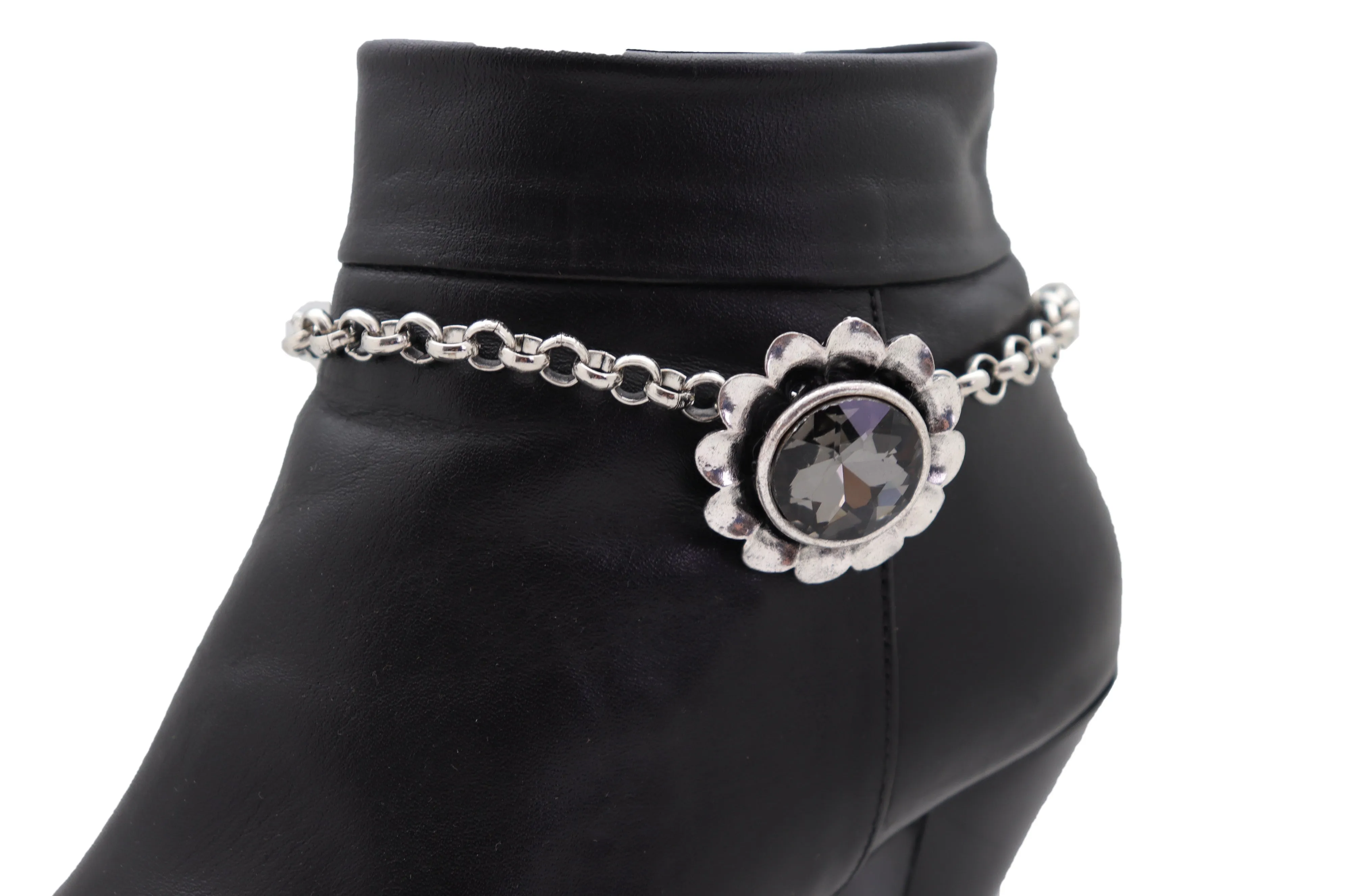 Silver Metal Chain Western Boot Bracelet Shoe Anklet Bling Flower Charm