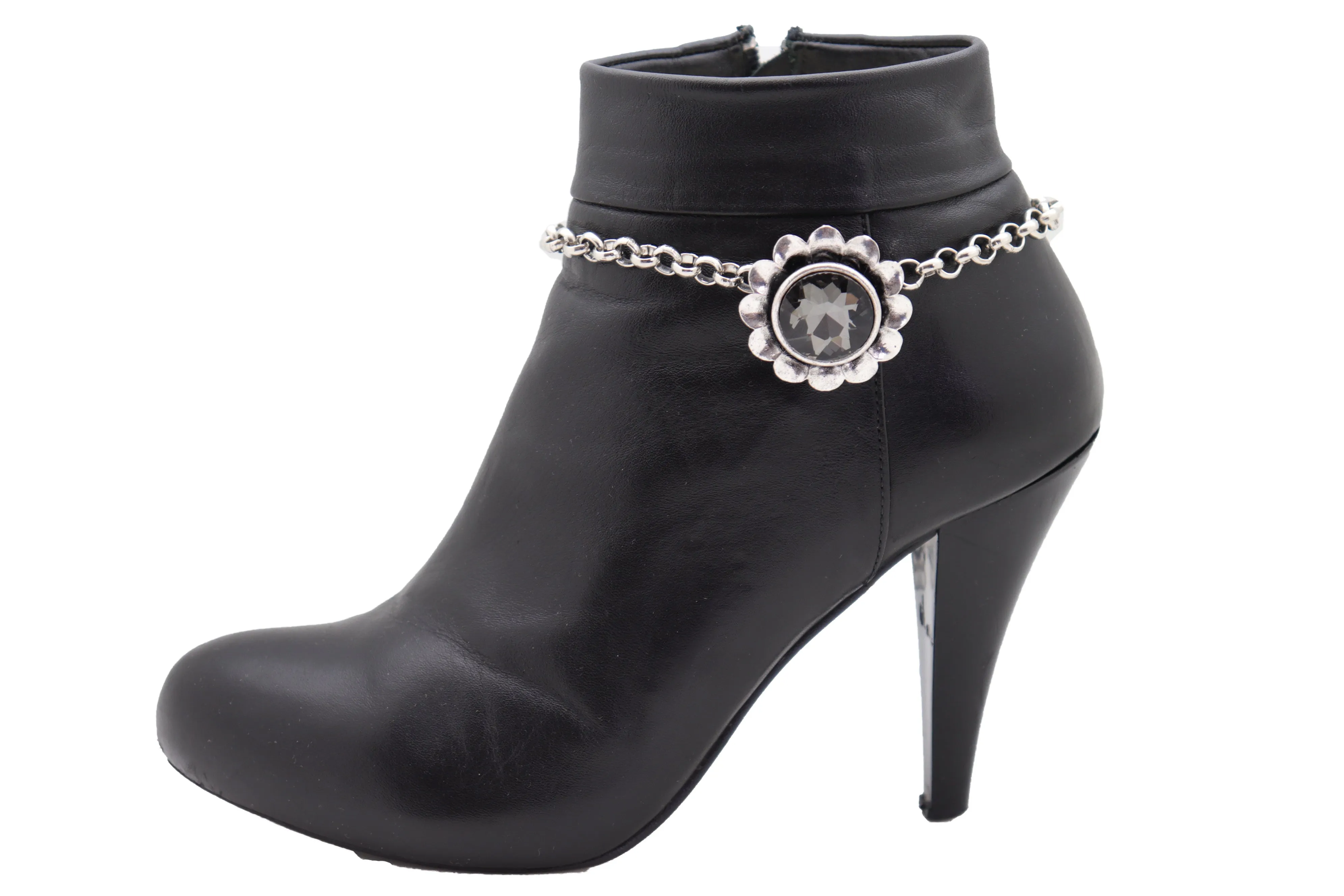 Silver Metal Chain Western Boot Bracelet Shoe Anklet Bling Flower Charm