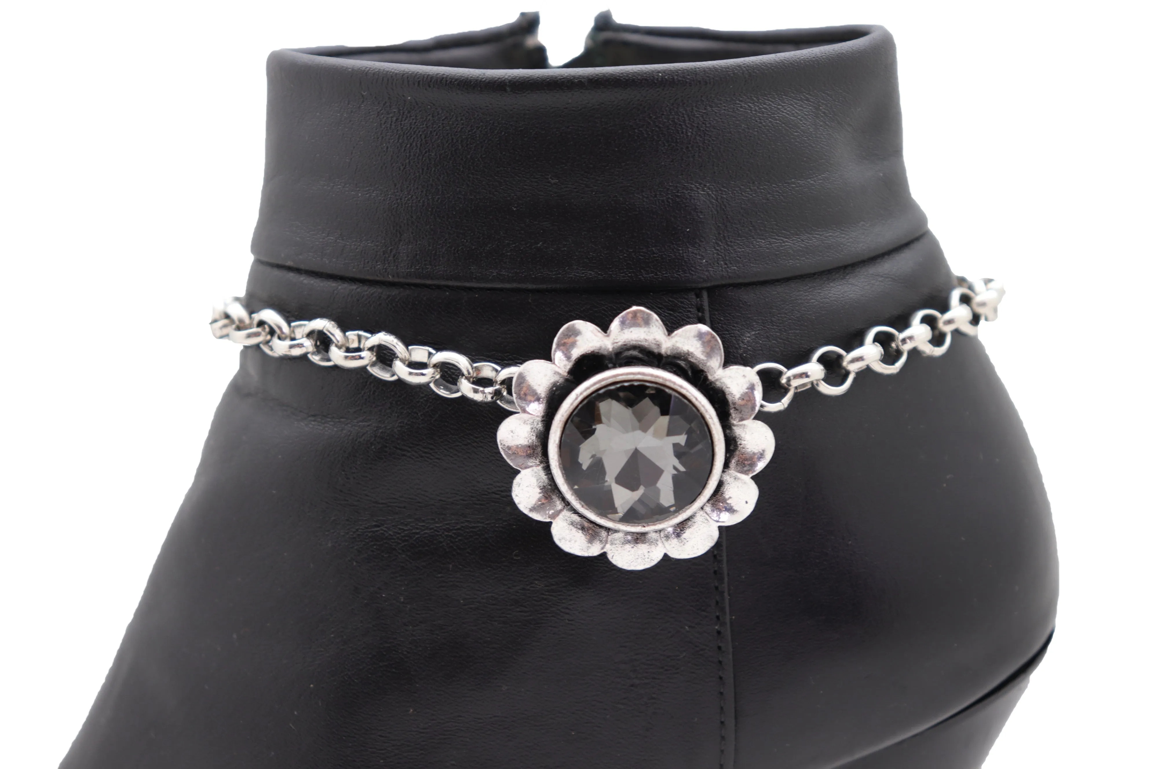 Silver Metal Chain Western Boot Bracelet Shoe Anklet Bling Flower Charm