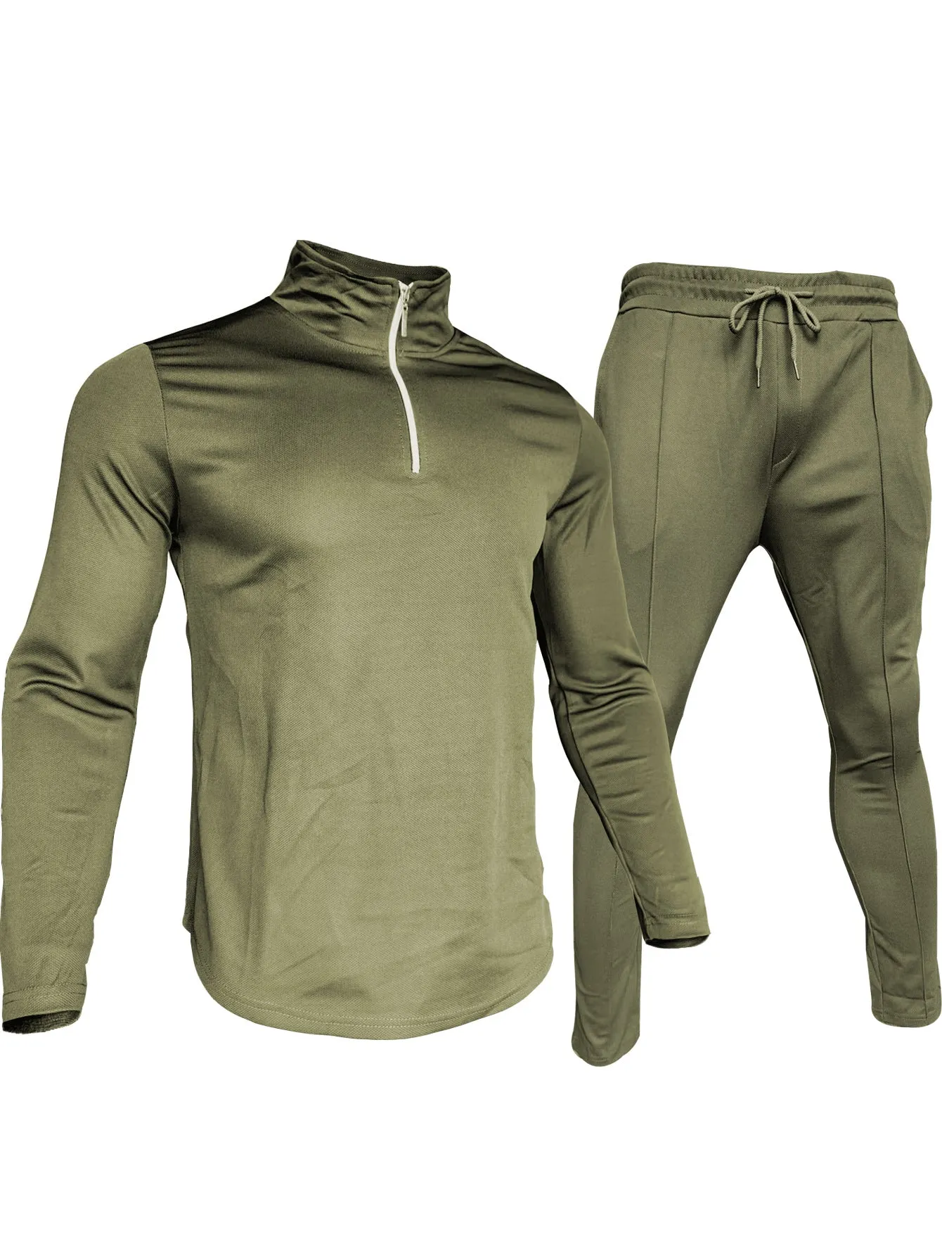 SOLID COLOR ZIPPER TURTLE NECK SWEATSHIRT SPORTY TWO-PIECE SET