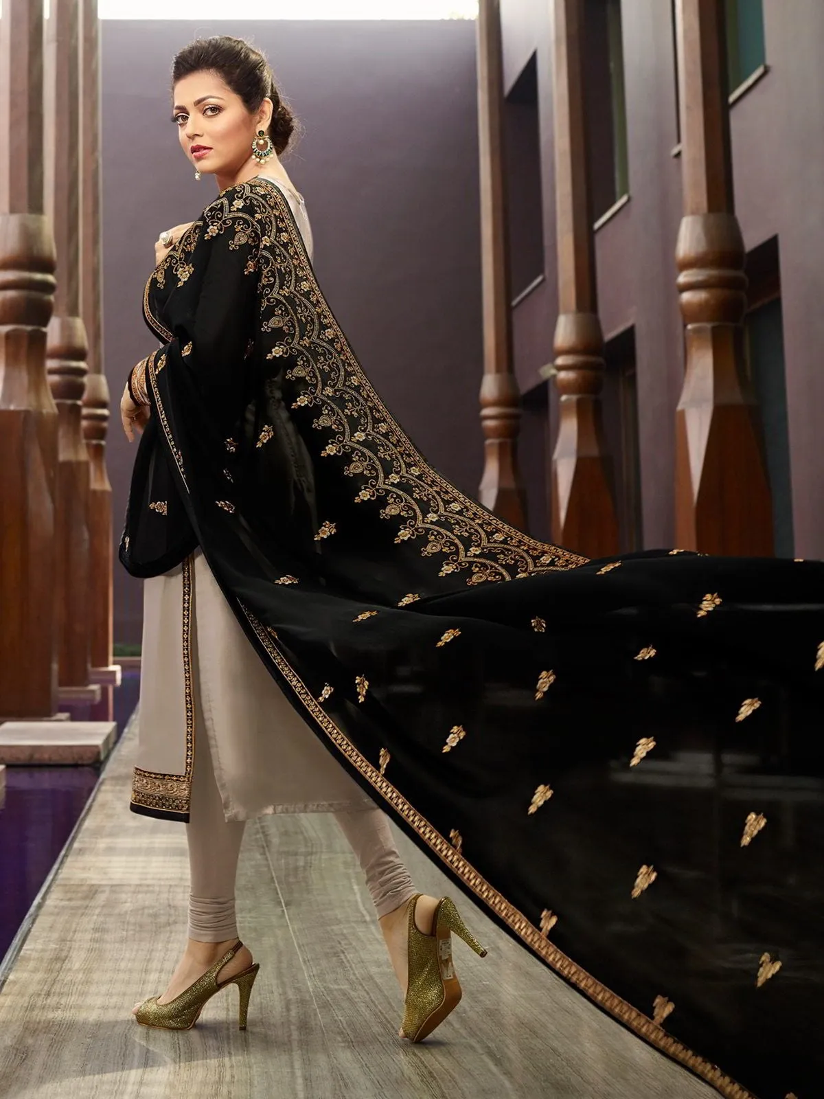 Taupe And Black Traditional Embroidered Churidar Suit
