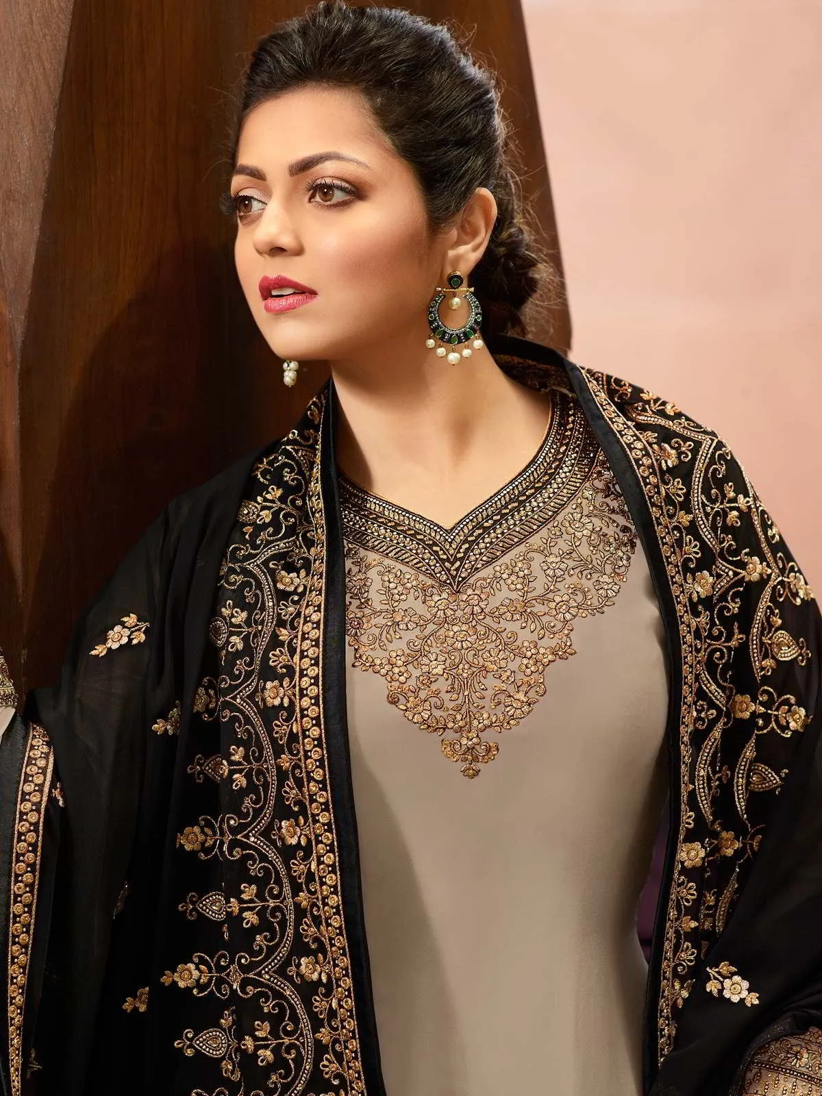 Taupe And Black Traditional Embroidered Churidar Suit
