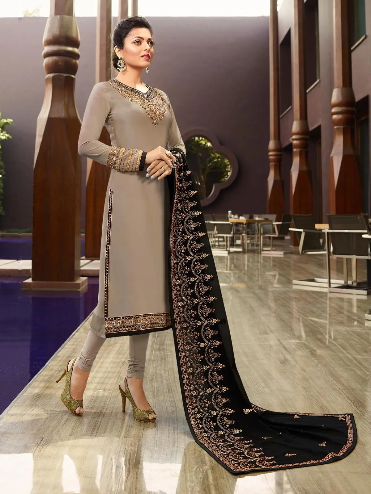 Taupe And Black Traditional Embroidered Churidar Suit