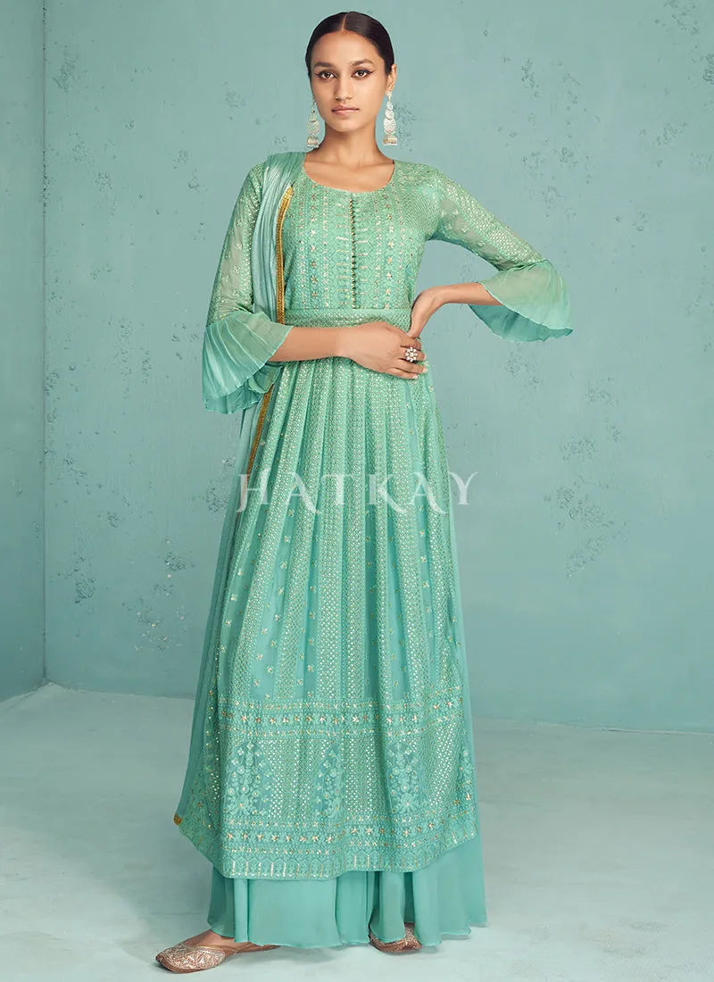 Teal Blue Embroidery Traditional Palazzo Suit