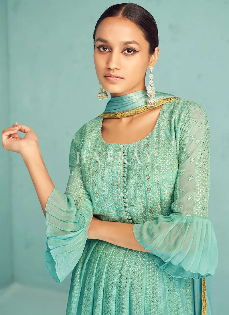 Teal Blue Embroidery Traditional Palazzo Suit