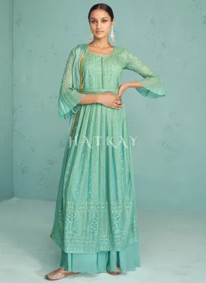 Teal Blue Embroidery Traditional Palazzo Suit
