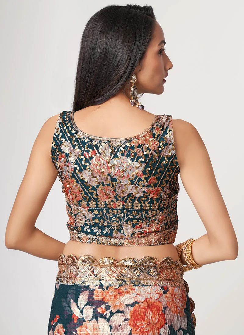 Turquoise Floral Print And Sequence Embroidery Organza Saree