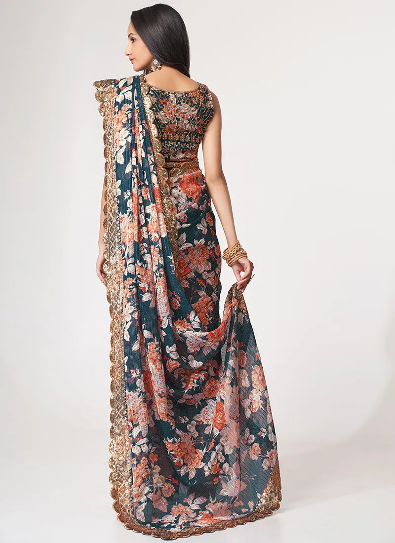 Turquoise Floral Print And Sequence Embroidery Organza Saree