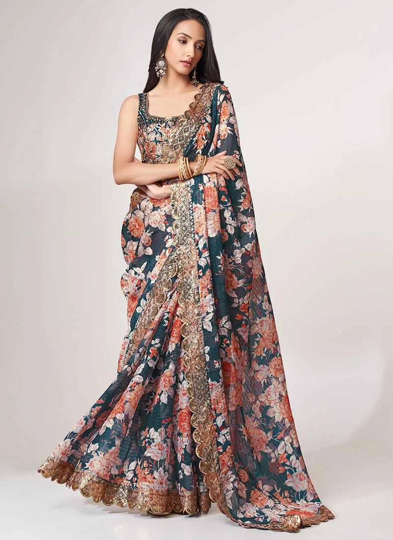 Turquoise Floral Print And Sequence Embroidery Organza Saree