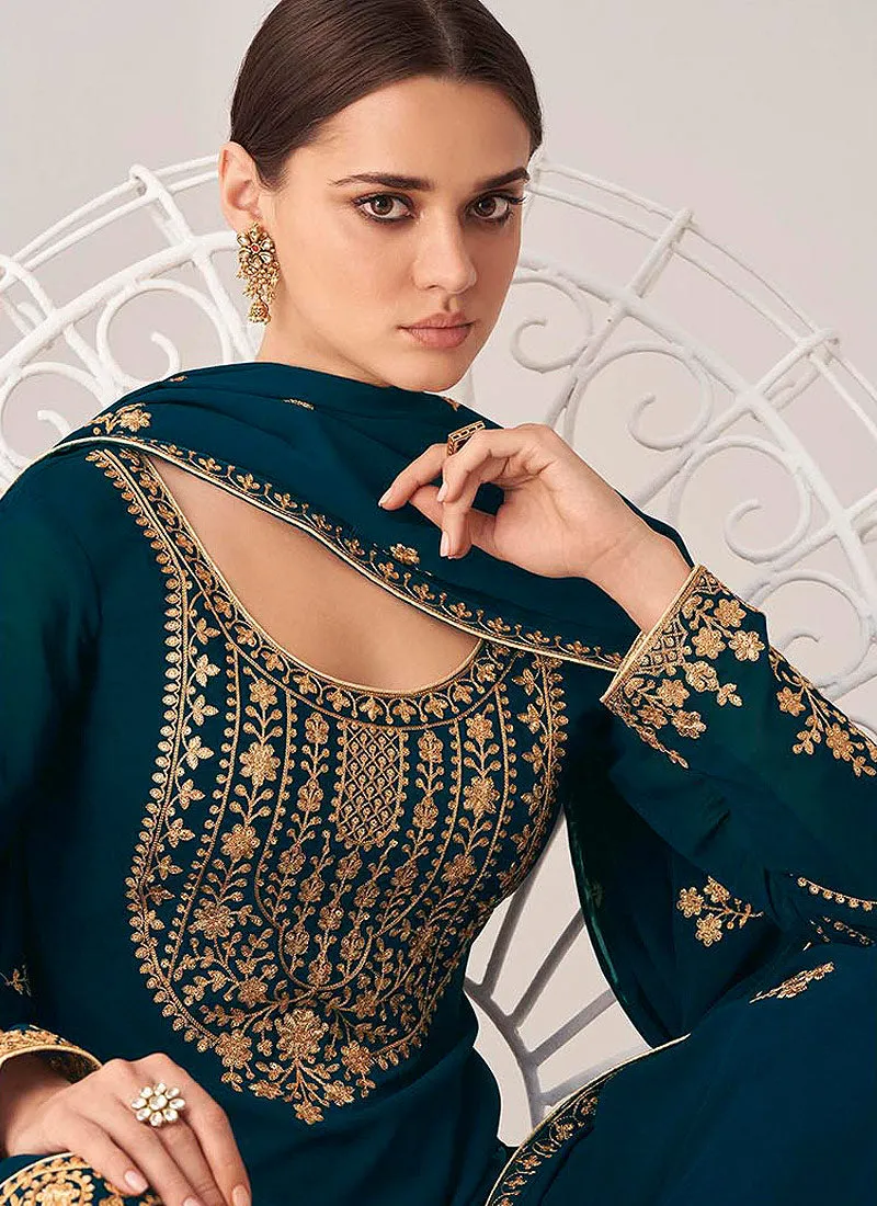 Turquoise Golden Salwar Kameez