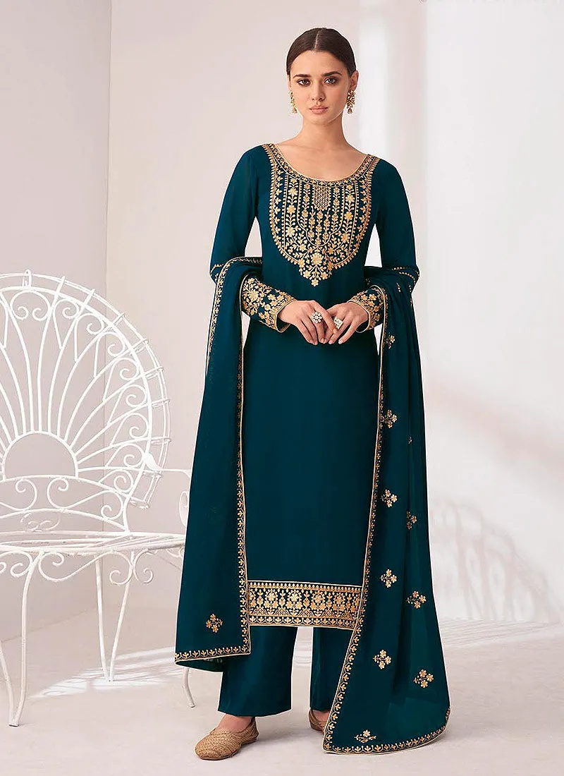 Turquoise Golden Salwar Kameez