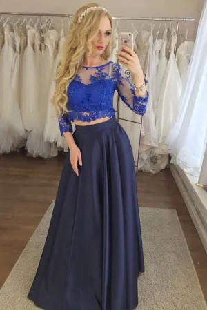 Two Piece Round Neck 3/4 Sleeves Dark Blue Prom Dress with Appliques CAD62