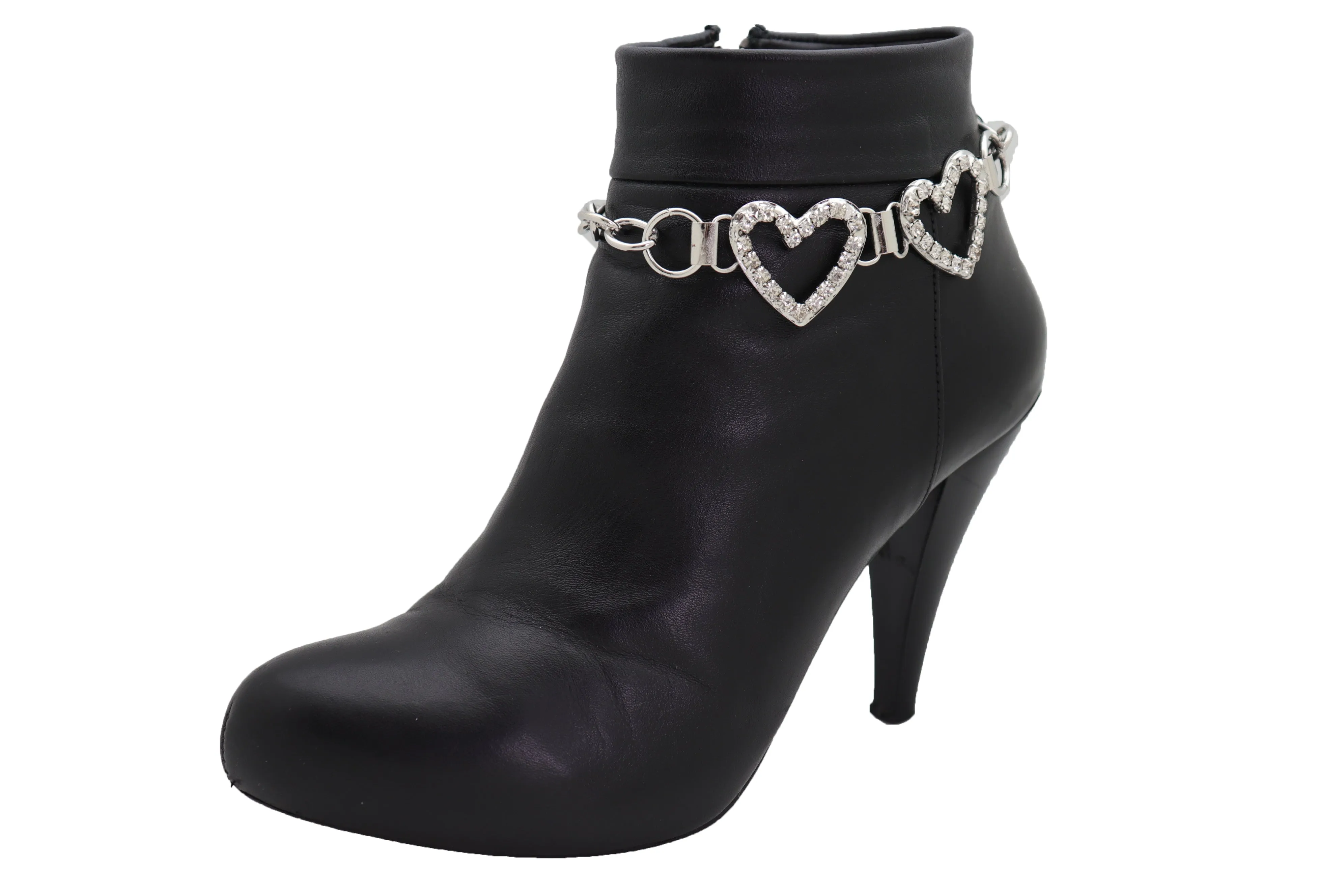 Two Rhinestone Heart Charm Silver Metal Boot Chain
