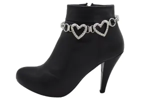 Two Rhinestone Heart Charm Silver Metal Boot Chain