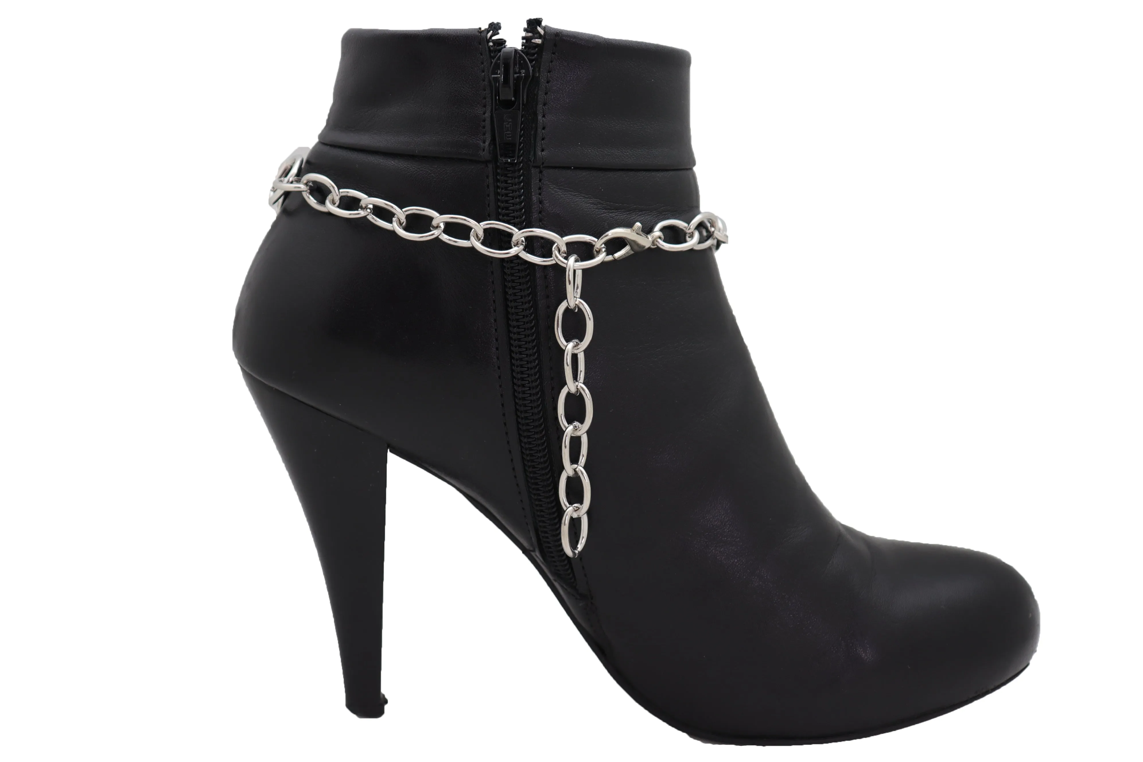 Two Rhinestone Heart Charm Silver Metal Boot Chain