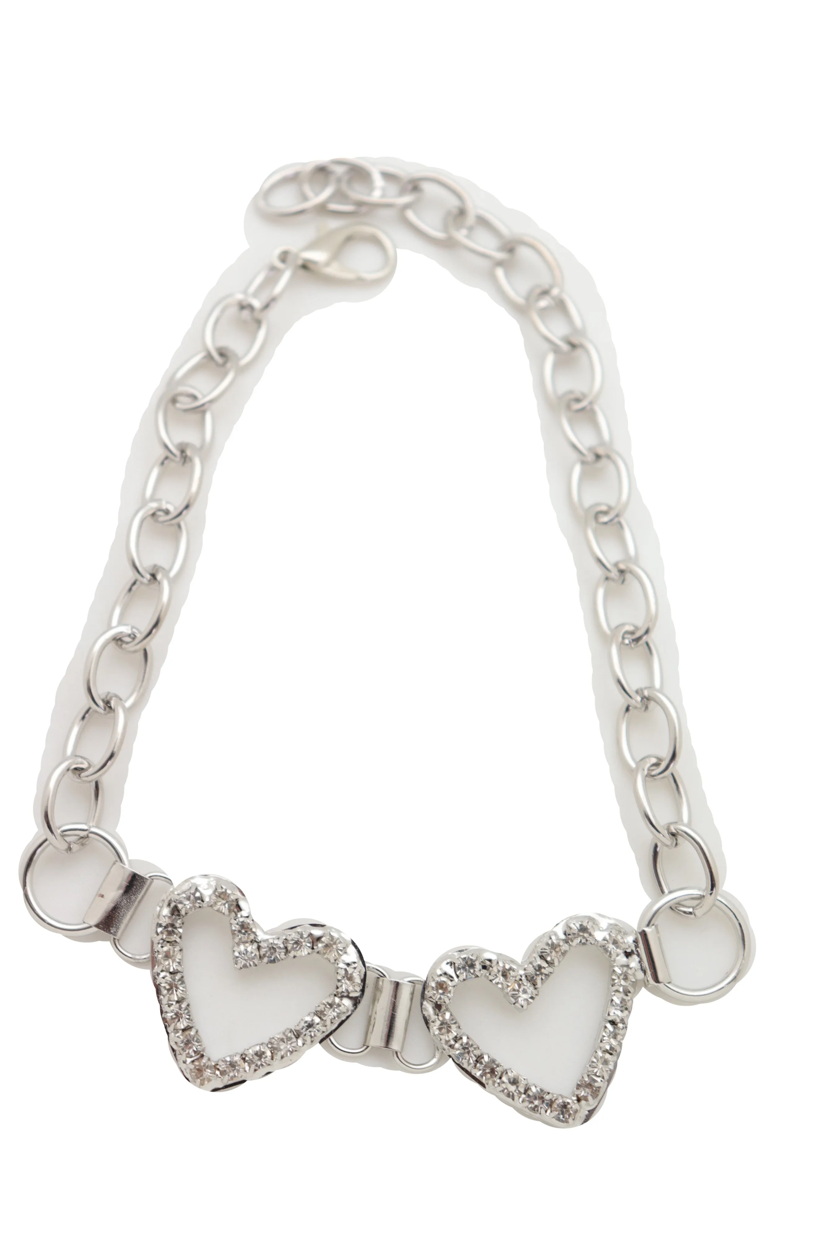 Two Rhinestone Heart Charm Silver Metal Boot Chain