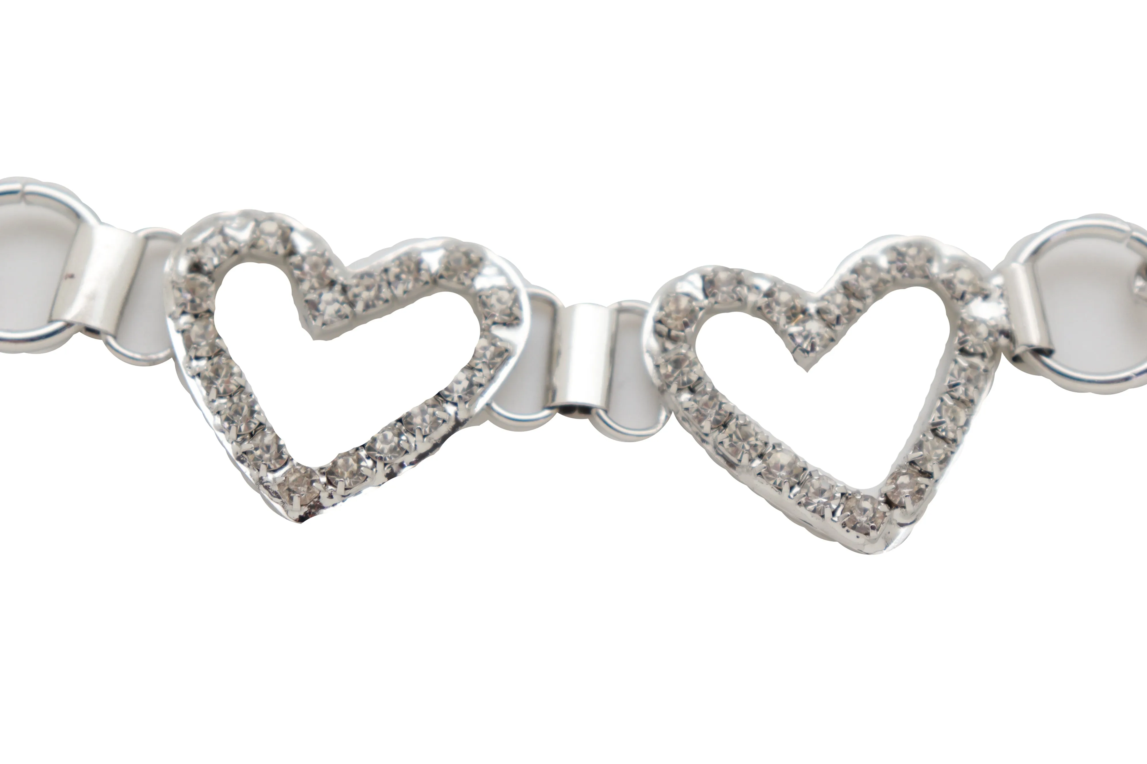 Two Rhinestone Heart Charm Silver Metal Boot Chain