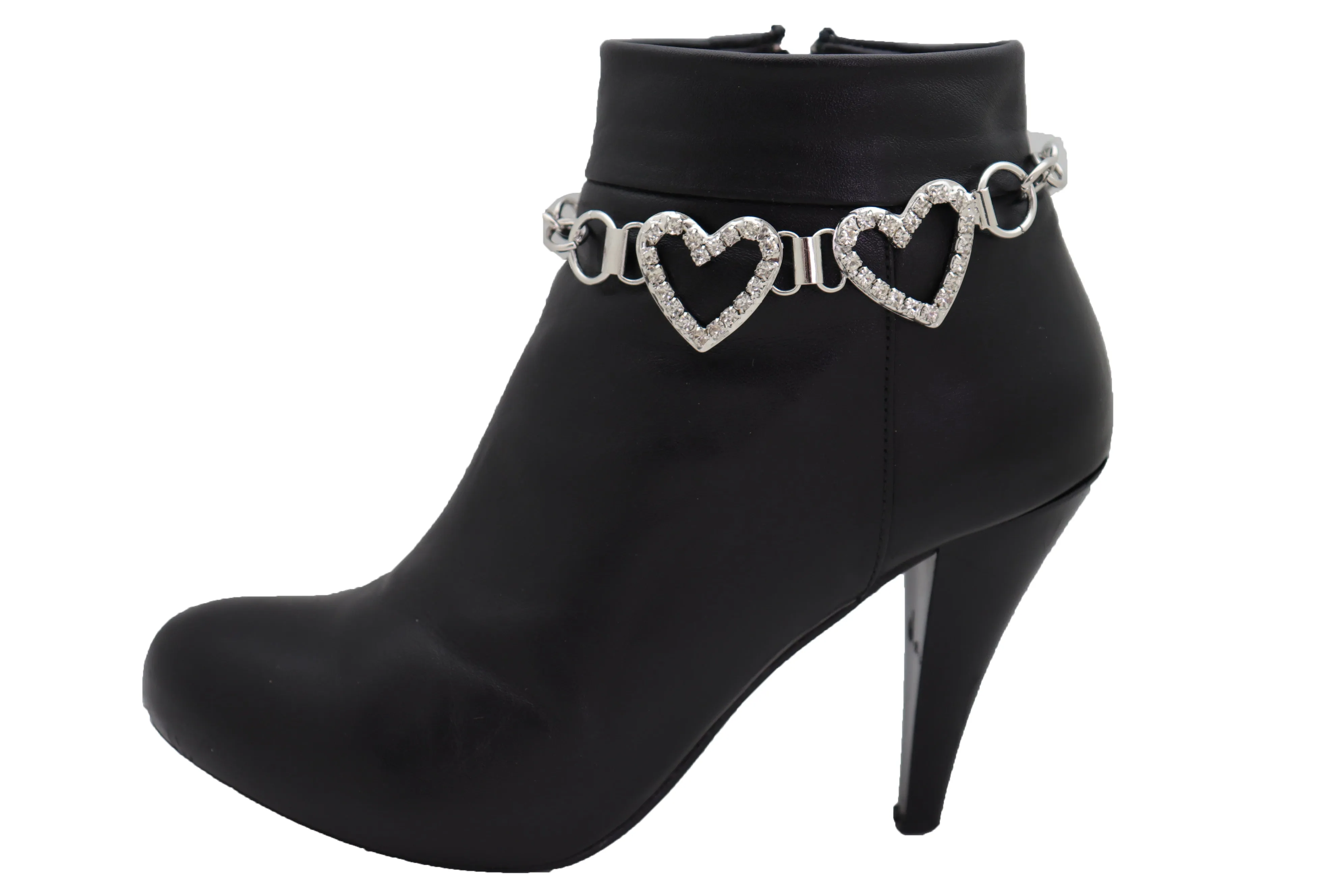 Two Rhinestone Heart Charm Silver Metal Boot Chain