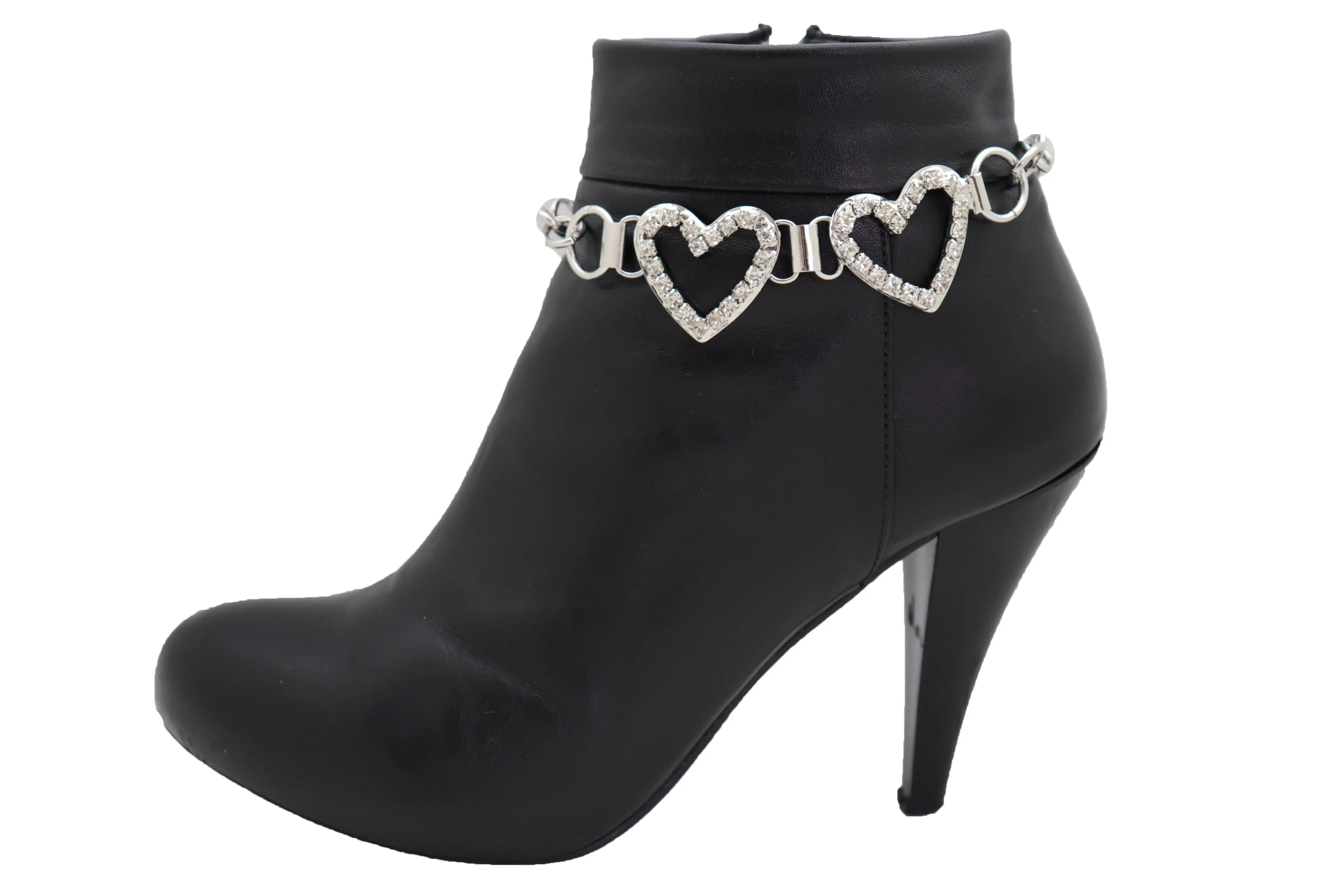 Two Rhinestone Heart Charm Silver Metal Boot Chain