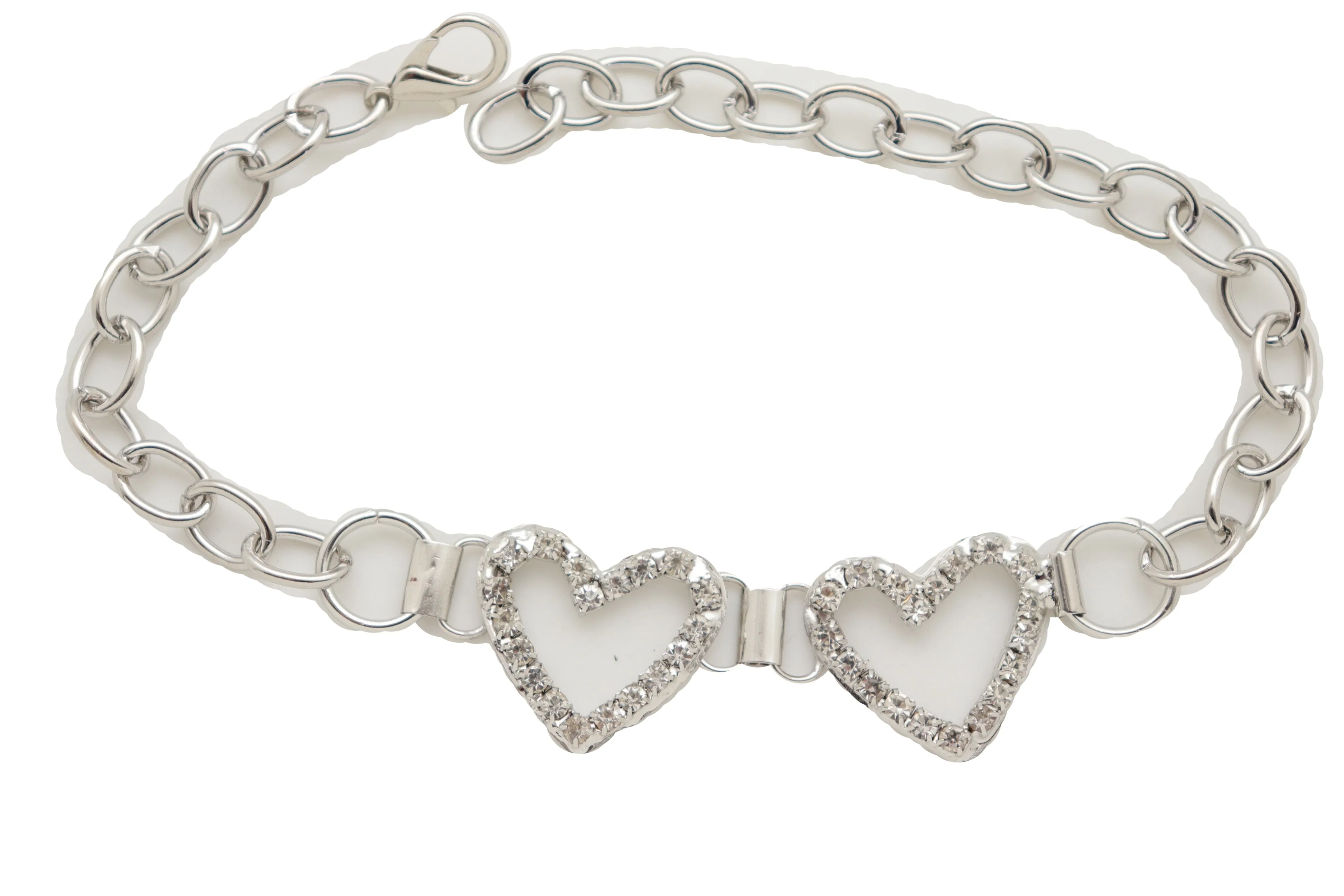 Two Rhinestone Heart Charm Silver Metal Boot Chain