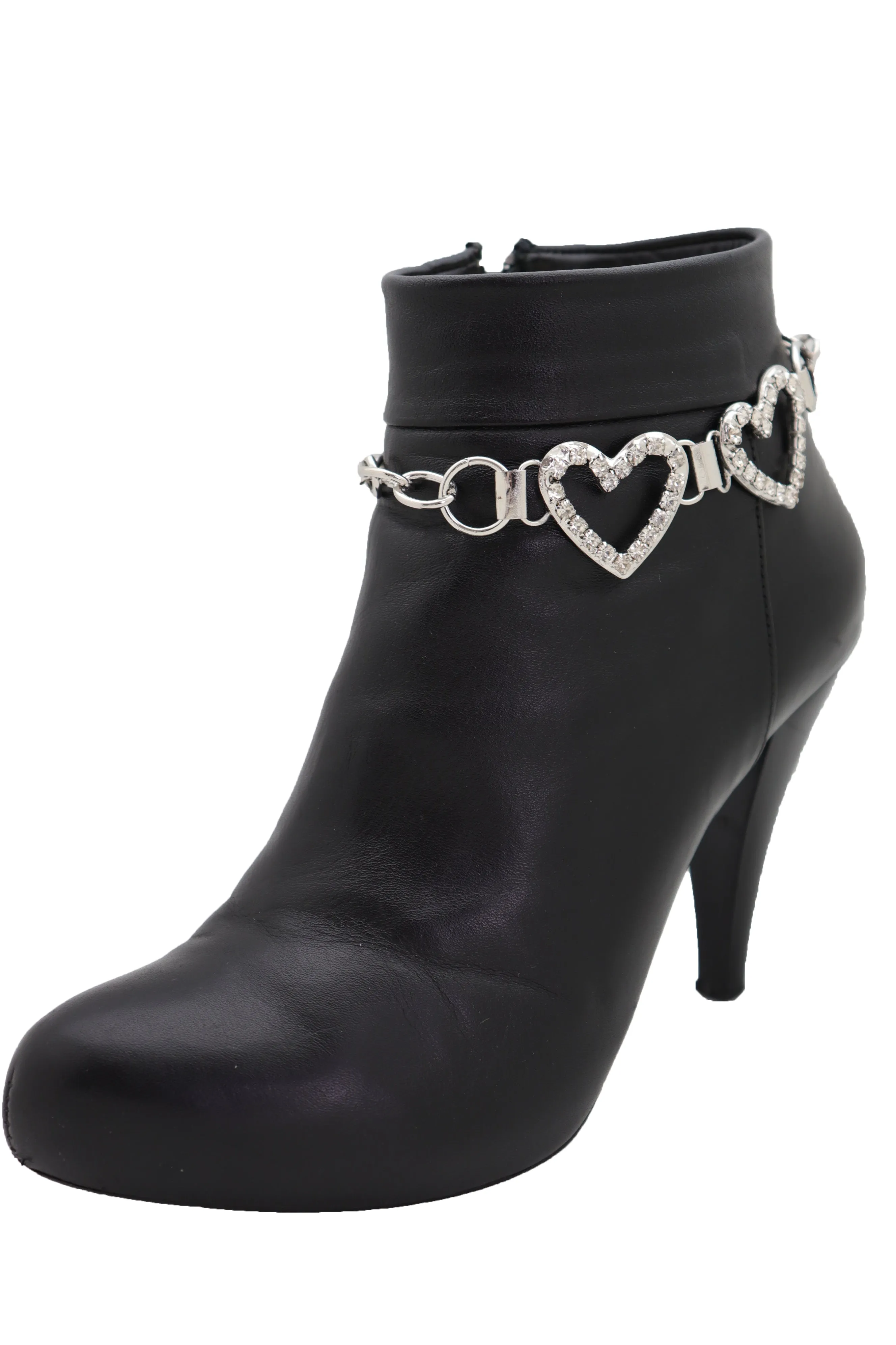 Two Rhinestone Heart Charm Silver Metal Boot Chain