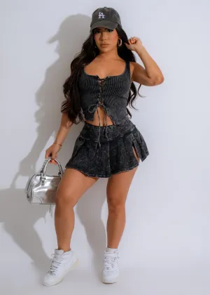 Velvet Whisper Lace-Up Skirt Set Black