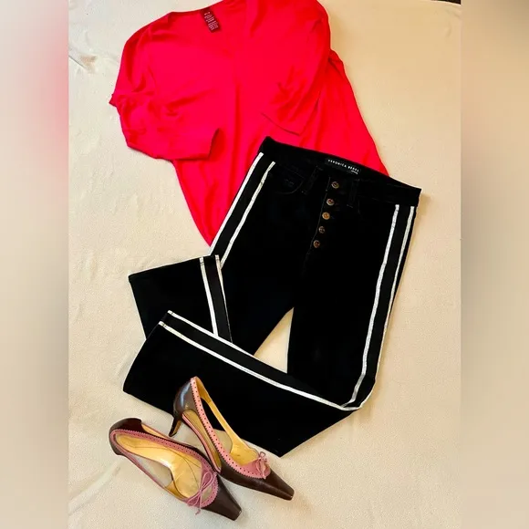 Veronica Beard Black Carolyn Boot Cut Cropped Tuxedo Striped Jeans