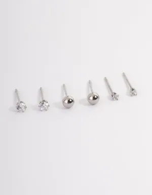 Waterproof Stainless Steel Cubic Zirconia Plain Stud Earrings Pack