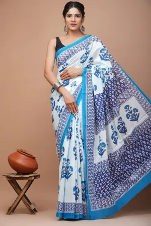 White & Skyblue White Cotton Saree