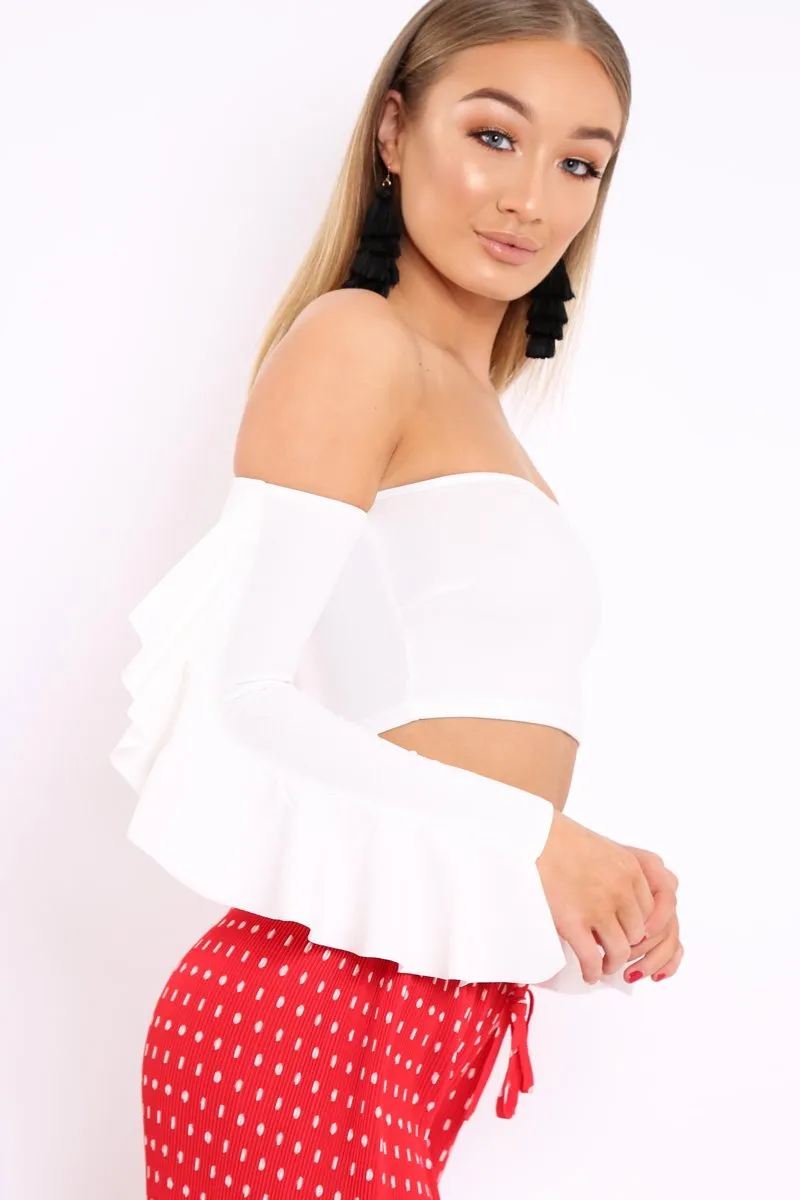White Bardot Frill Sleeve Crop Top - Nancie