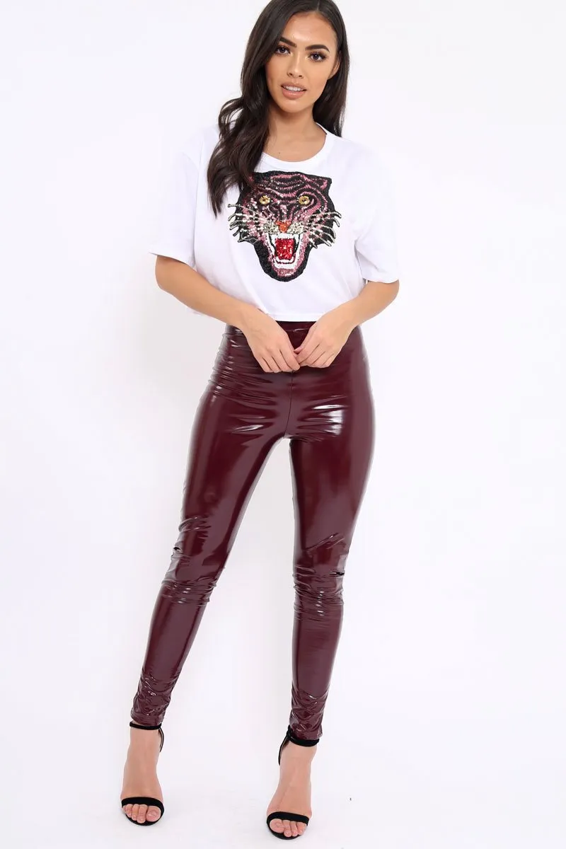 White Cropped Tee with Applique Sequin Tiger - Avery