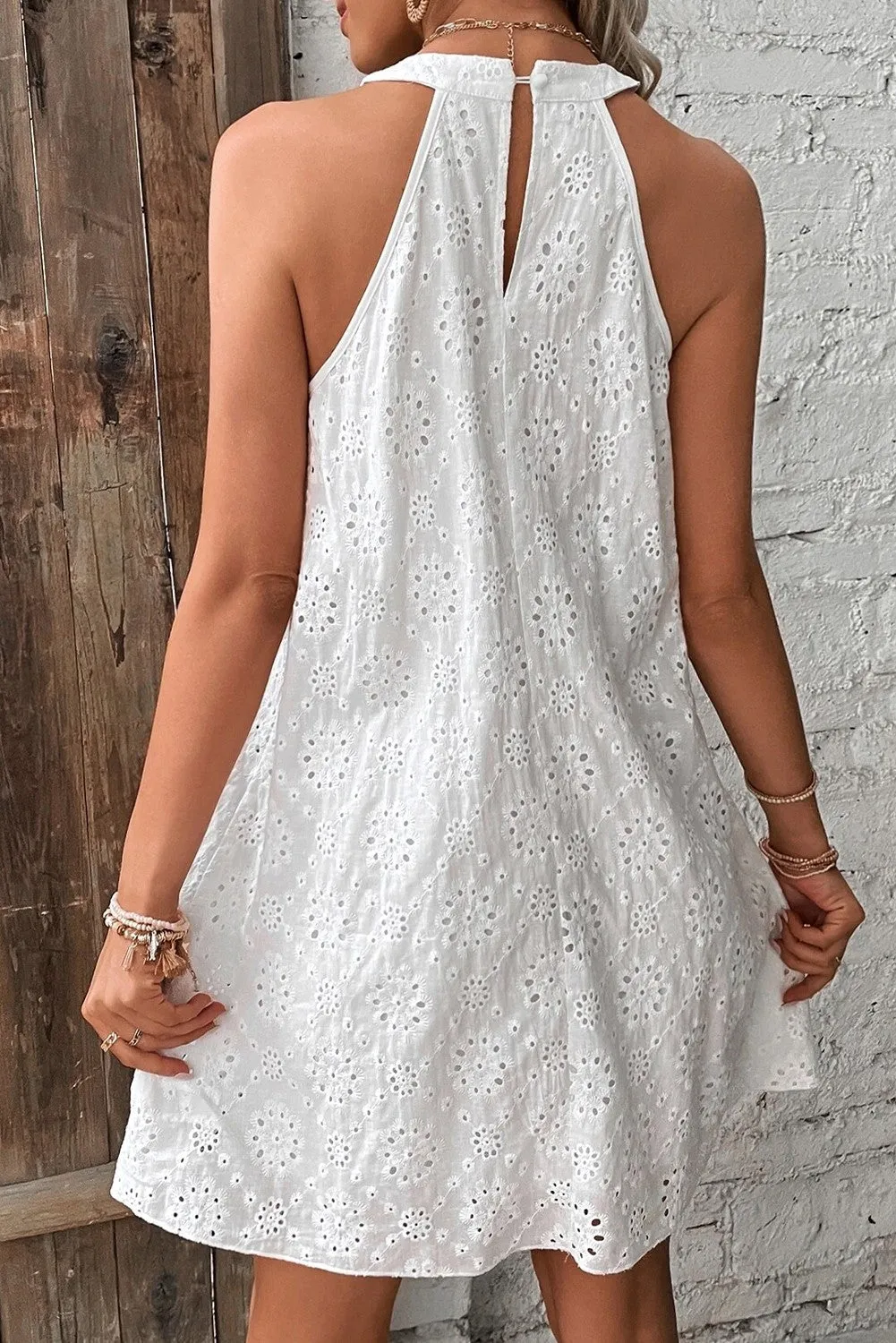 White Eyelet Pattern Halter Neck Sleeveless Dress 3/12/24 8198