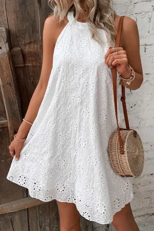 White Eyelet Pattern Halter Neck Sleeveless Dress 3/12/24 8198