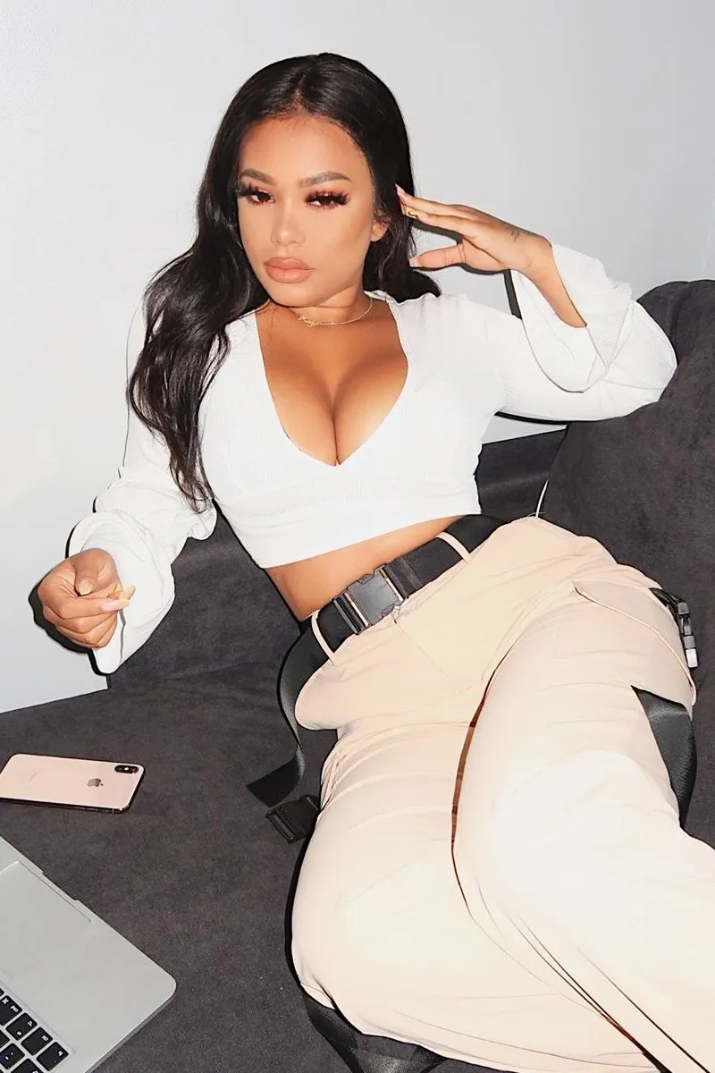 White Frill Sleeve Plunge Neck Crop Top - Michaella