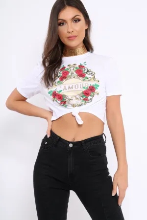 White L'amour Glitter Floral Slogan T-shirt - Jaynee