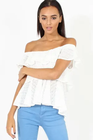 White Off the Shoulder Lace Frill Top - Larisa