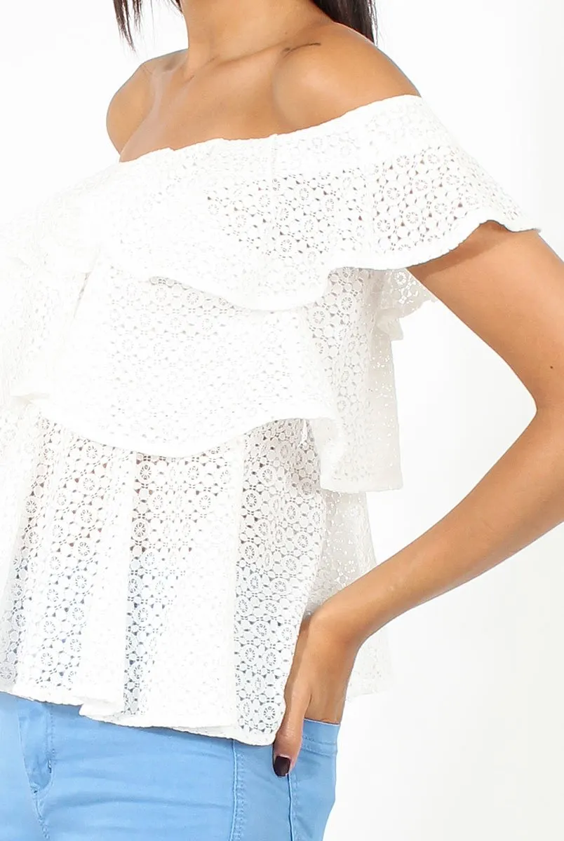 White Off the Shoulder Lace Frill Top - Larisa