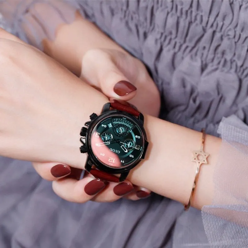 Women's Watch six-needle multi-functional Luminous round dial leather strap sport watch