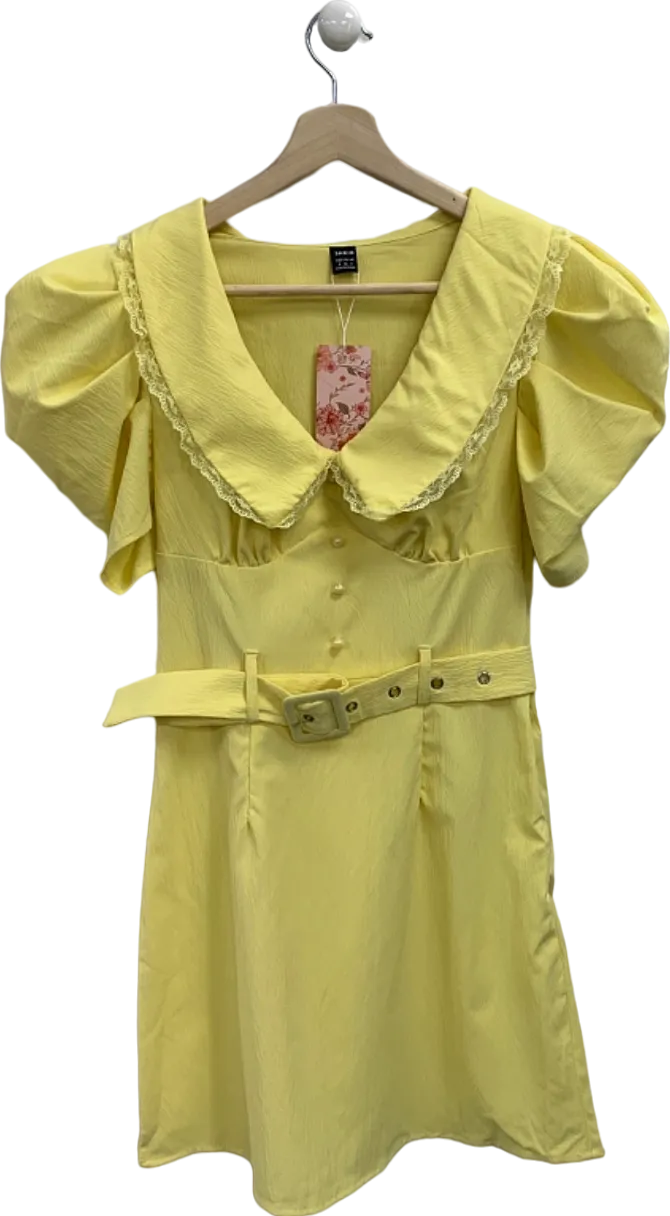 Yellow Belted Puff Sleeve Midi Dress UK S