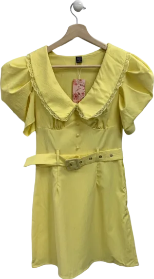 Yellow Belted Puff Sleeve Midi Dress UK S