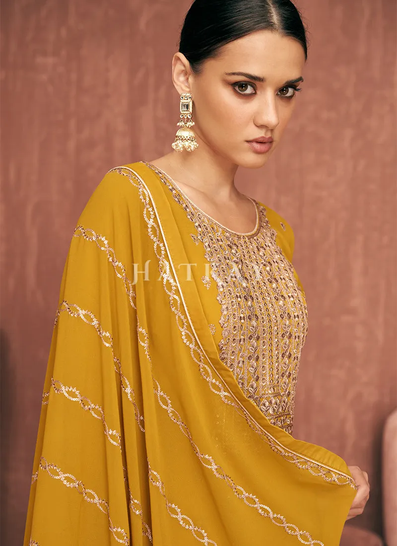 Yellow Embroidered Georgette Gharara Suit