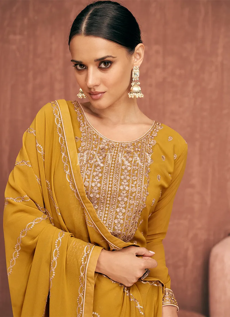 Yellow Embroidered Georgette Gharara Suit